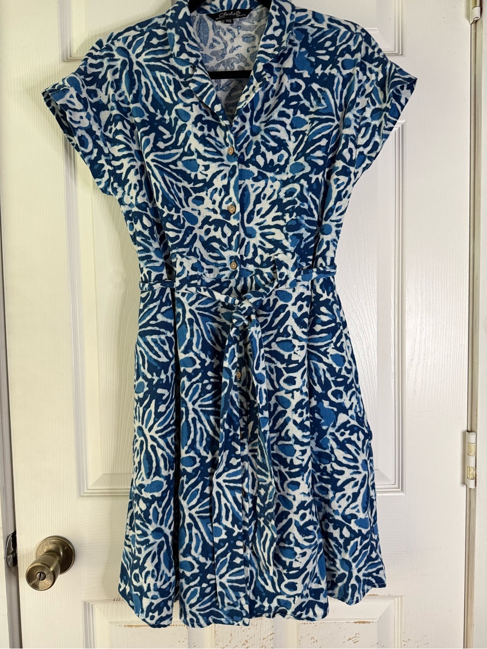 Linen Shirt Dress Charlies Blue & White Button-Front Midi Pockets Belt Small P